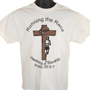 Vintage Christian T Shirt Mens Size Medium White Bible Verse Jesus Tee Running